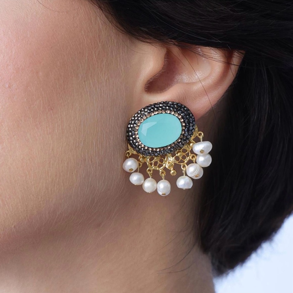 Real Pearl Earrings Gold Plated and Real Turquoise Stone Handmade Jewelry